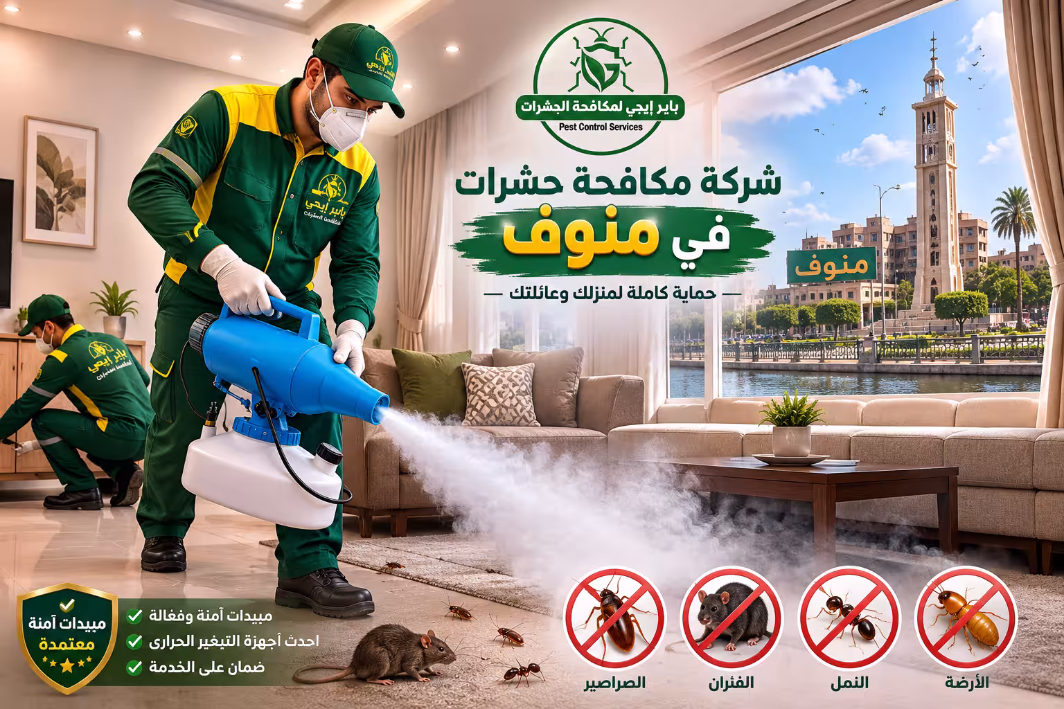 فريق متخصص في رش ومكافحة الحشرات بمنوف